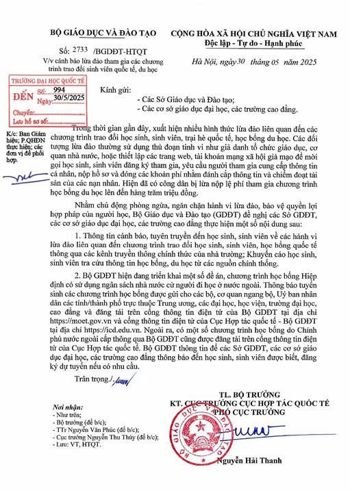 Công văn của Bộ GD&ĐT về việc cảnh báo lừa đảo Công văn của Bộ GD&ĐT về việc cảnh báo lừa đảo