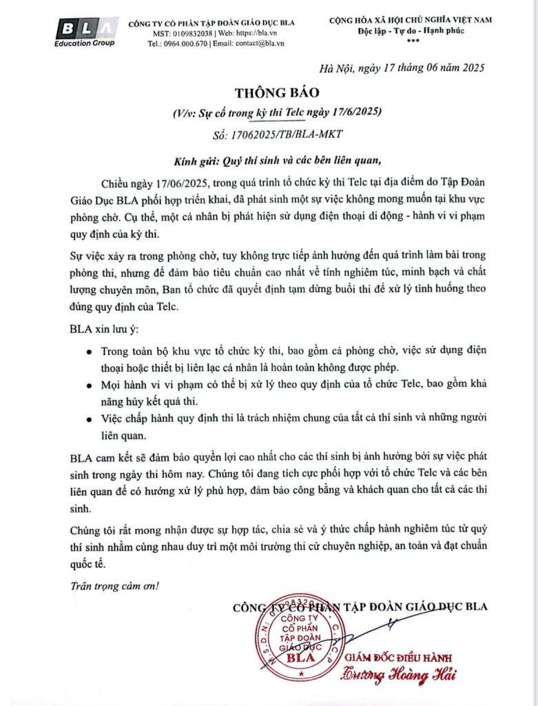 Thông báo về sự cố thi Telc ngày 17.06.2025 Thông báo về sự cố thi Telc ngày 17.06.2025