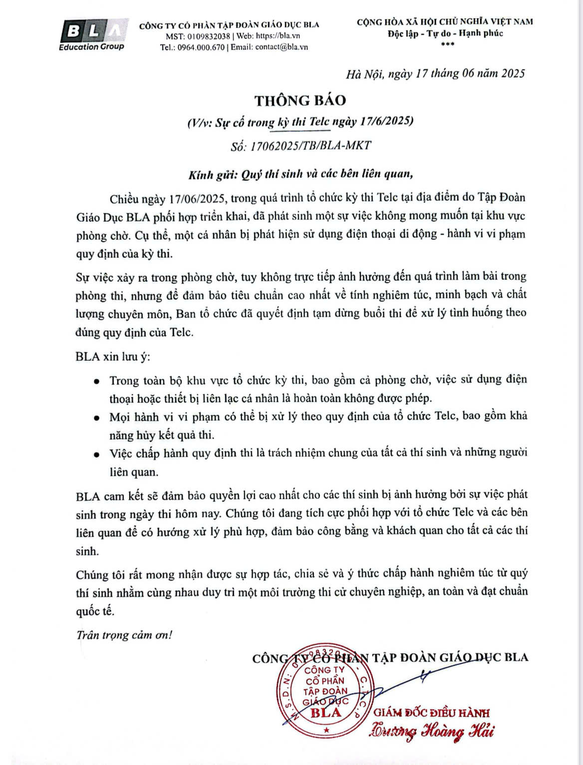 BLA Thông Báo Về Sự Việc Phát Sinh Trong Kỳ Thi Telc Ngày 17/6/2025