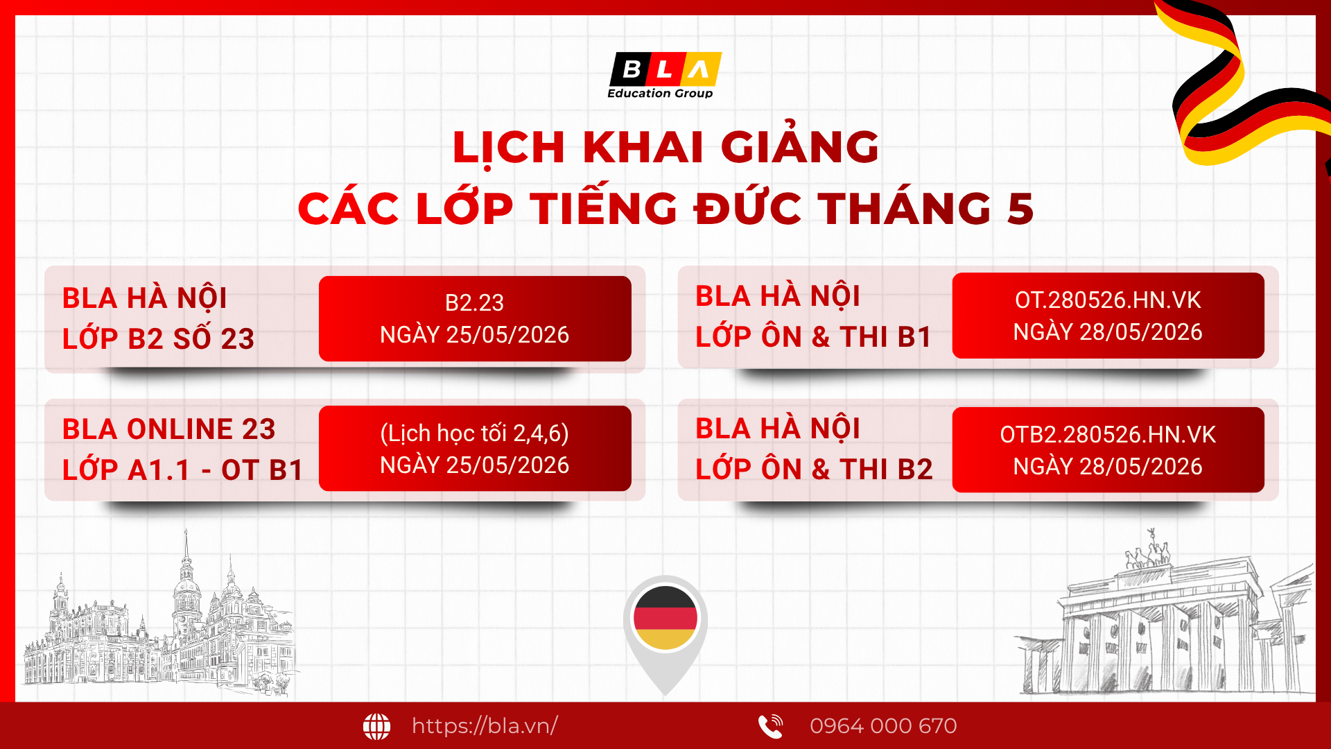 KHAI GIẢNG CÁC LỚP TIẾNG ĐỨC THÁNG 05/2026 TẠI BLA