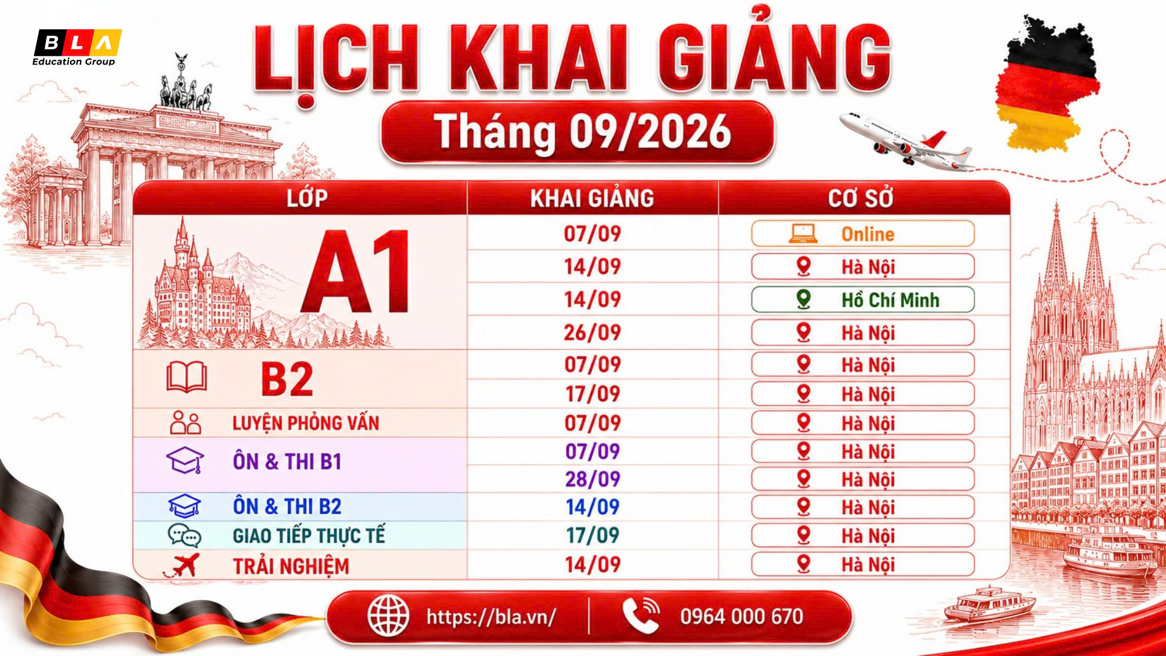Lịch khai giảng tiếng Đức tháng 09/2026 tại BLA