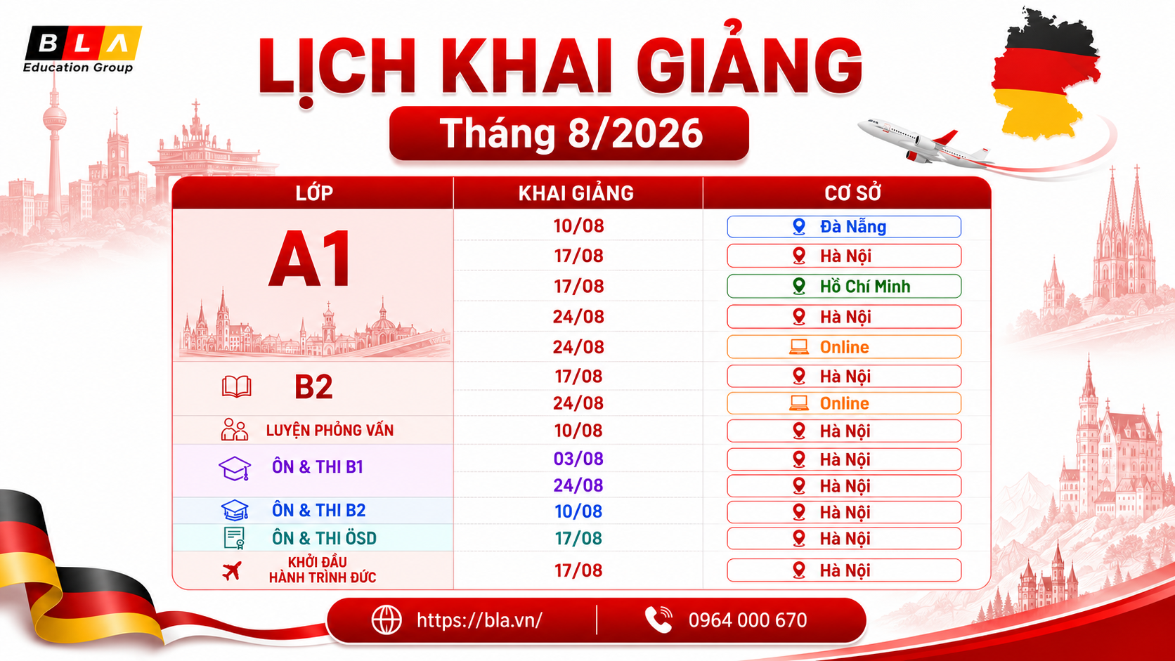Lịch khai giảng tiếng Đức tháng 8/2026 tại BLA 
